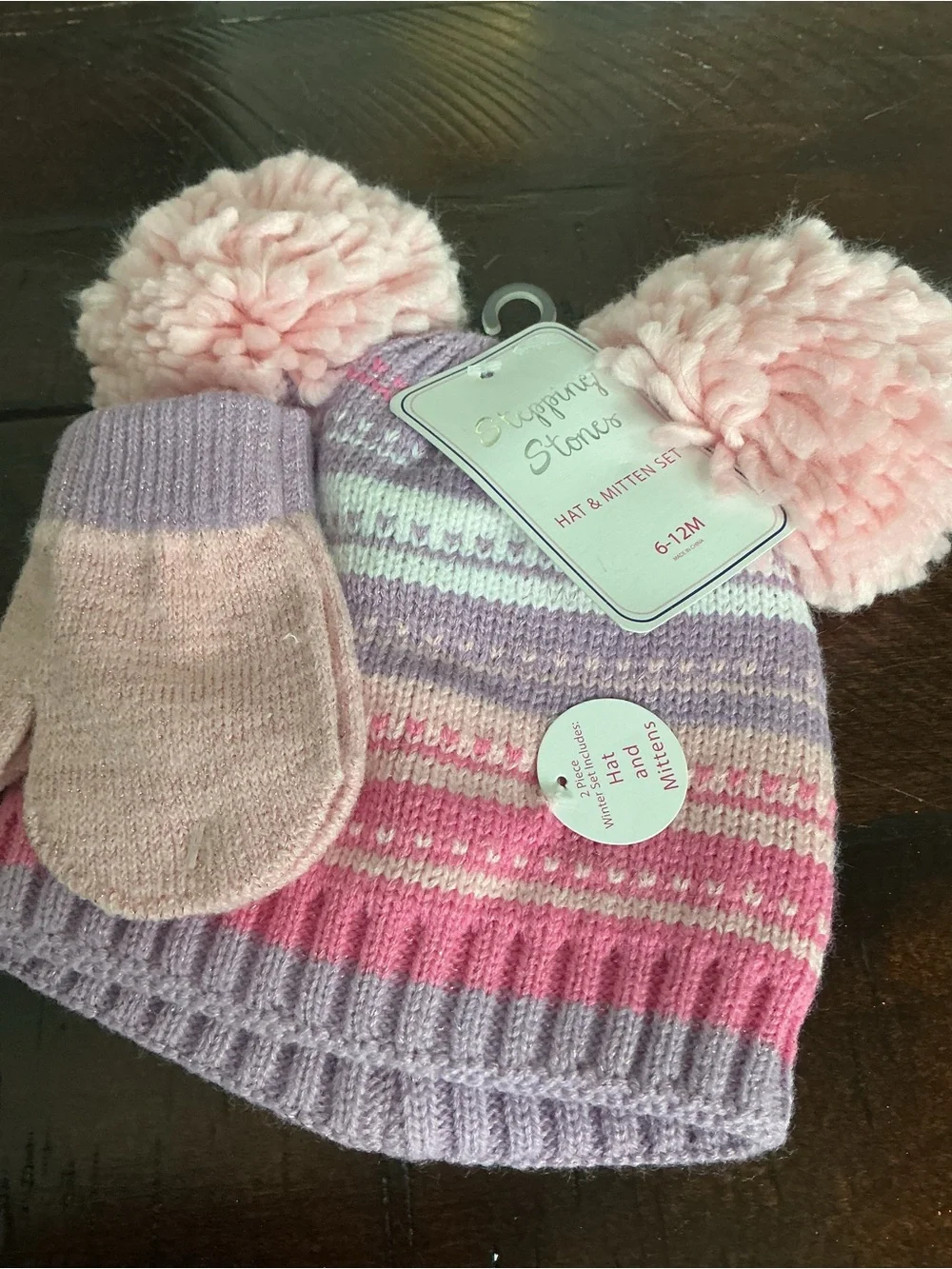 NWT Stepping Stones Pink & Purple Hat and Mitten Set with Pom Poms Size 6-12 M